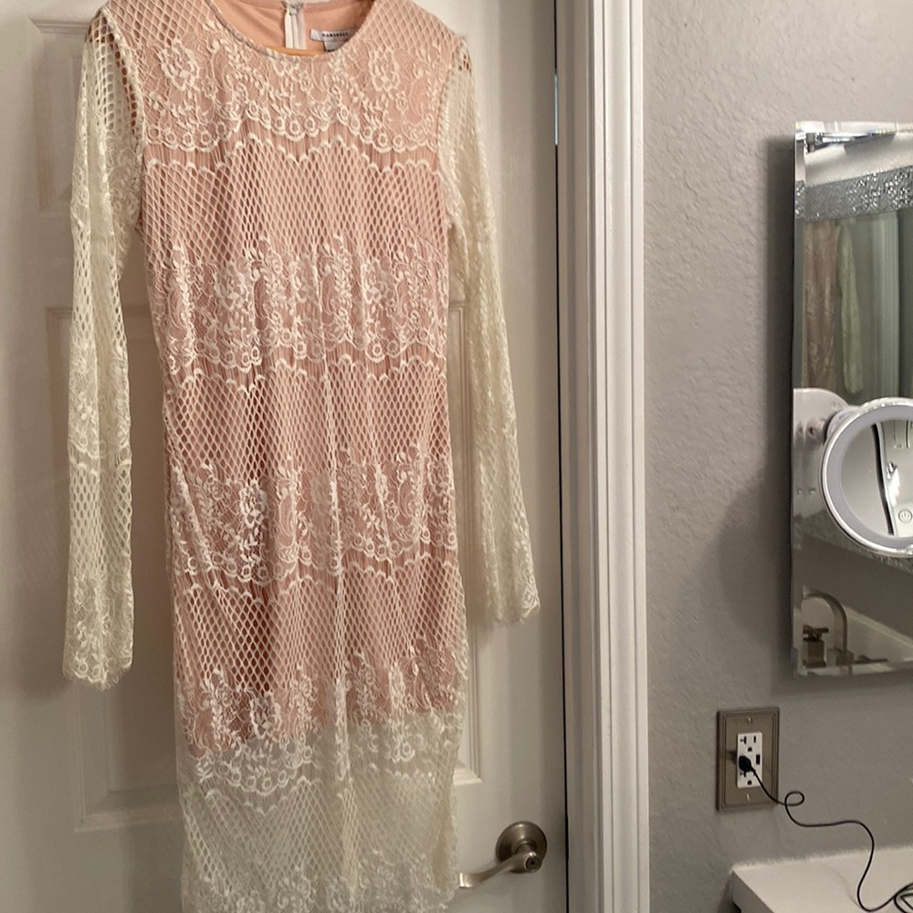 Glamorous (brand) Size L. Blush sheath with ivory lace overlay. Never worn!